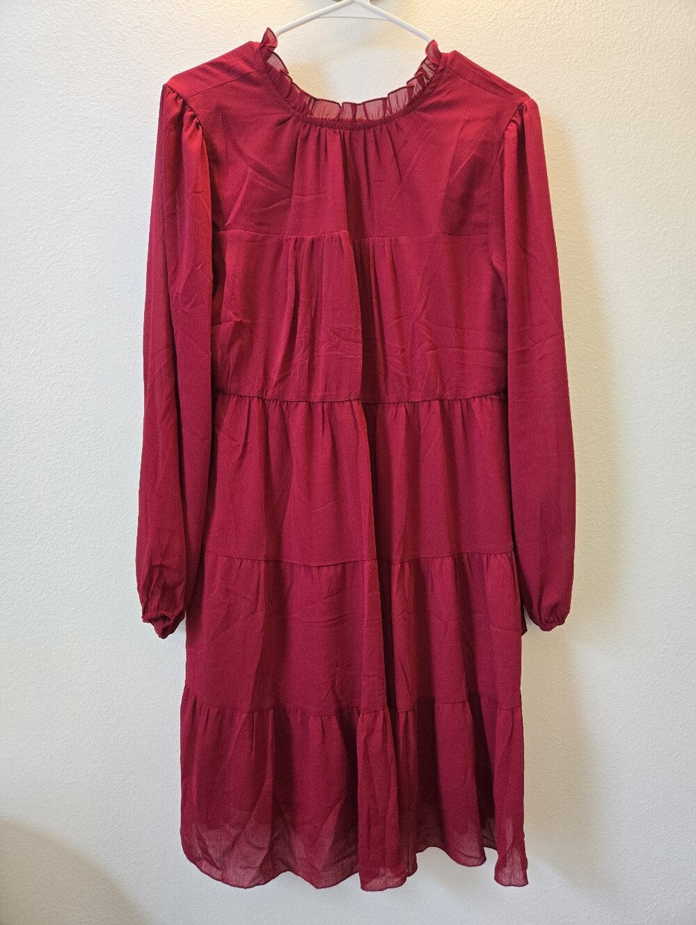 Long-Sleeve Red Tiered Women’s Dress with Ruffle Neck